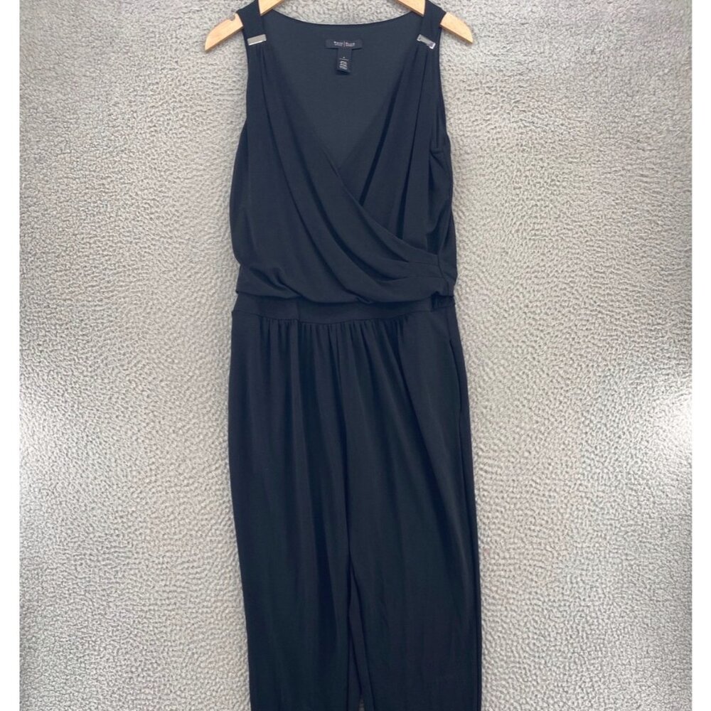 White House Black Market Jumpsuit Women 4 Black Surplice Neck Jersey Knit Pocket